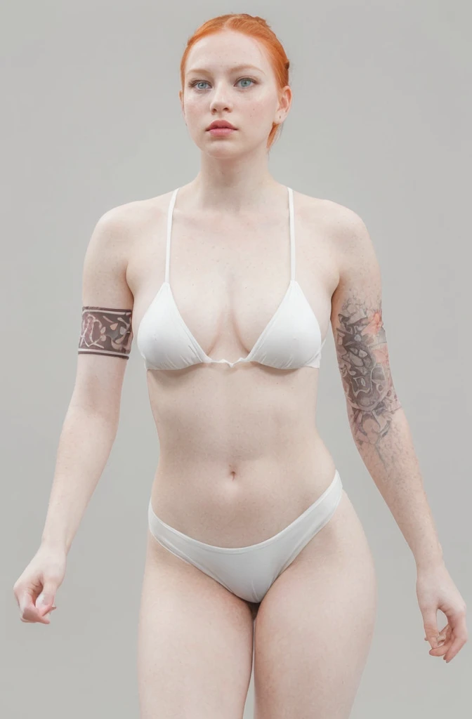 white redhead, woman named Lagertha, ((( very pale skin ))), ((( very light green eyes ))), ((( orange short hair arranged in a bun with bangs ))), lovely and beautiful serious face, freckles, wonderful and perfect realistic body, perfect nakedl breasts, ppointy nipples, realisti vagina, realistic , perright red lips witght red lipstick, white background, ((( direct bright lighting in her entire body ))), ((( extremely blushed cheeks ))), ((( bright green iris ))), ((( extreme thin lips ))), (((small lips )))