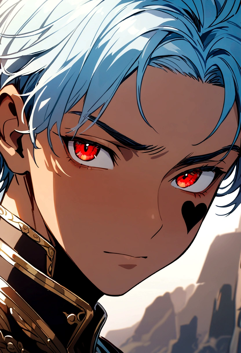 A boy with tanned skin, with long, light blue hair, with one red eye and the other yellow. With a black heart on the left cheek