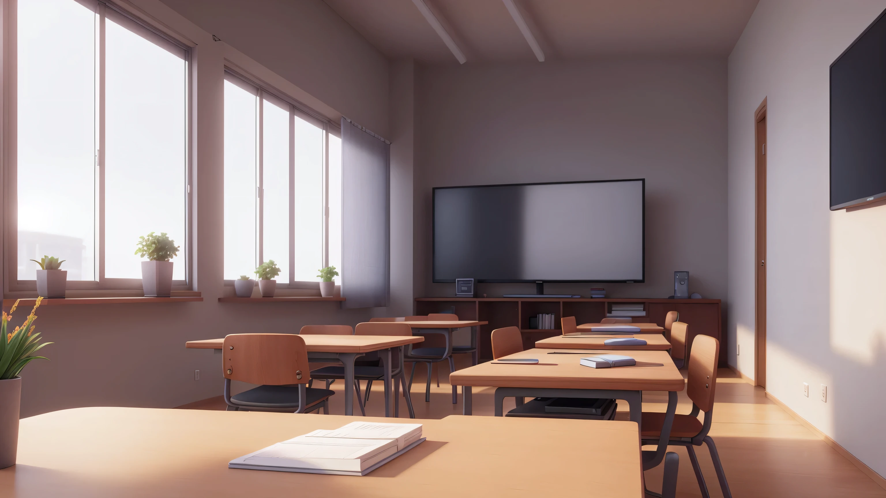 a flat screen monitor on a wooden desk in a well-lit classroom, gray concrete walls, large windows, sunlight streaming in, minimalist interior design, school supplies, modern and clean environment, (best quality,4k,8k,highres,masterpiece:1.2),ultra-detailed,(realistic,photorealistic,photo-realistic:1.37),high quality 3d rendering,studio lighting,extremely detailed,sharp focus,physically-based rendering,professional