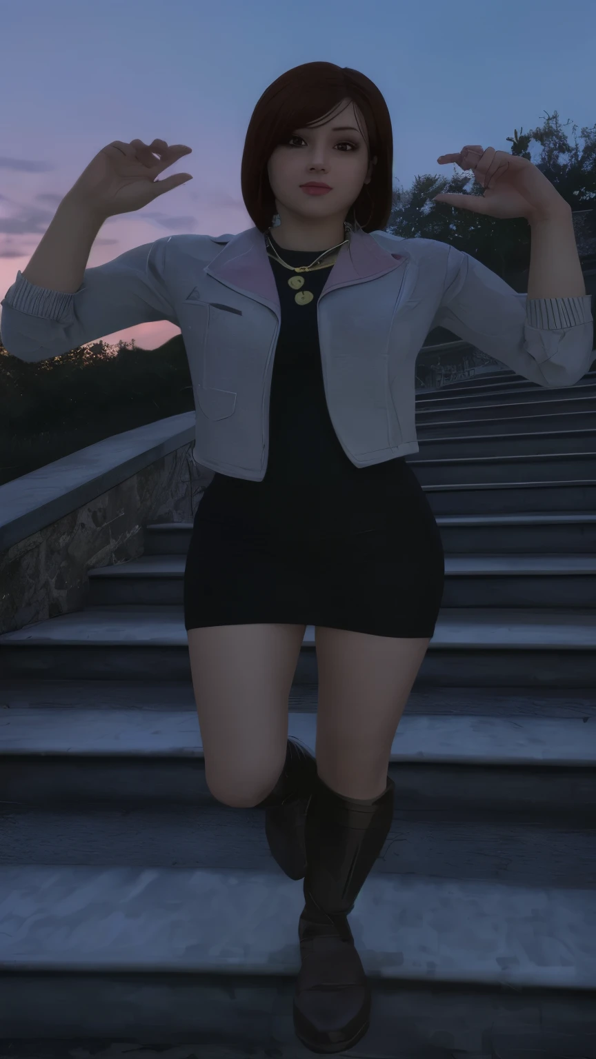 there is a woman who is standing on some steps, vestimentas photo, at night, em vestimentass! highly detailded, evening, soft evening lighting, Late in the evening, Full-body close-up, pose casual, vestimentas photograph, highly_detailded!!, vestimentas: Policerman, succubus in tight short dress, full body shot hyperdetailded, far - half shot