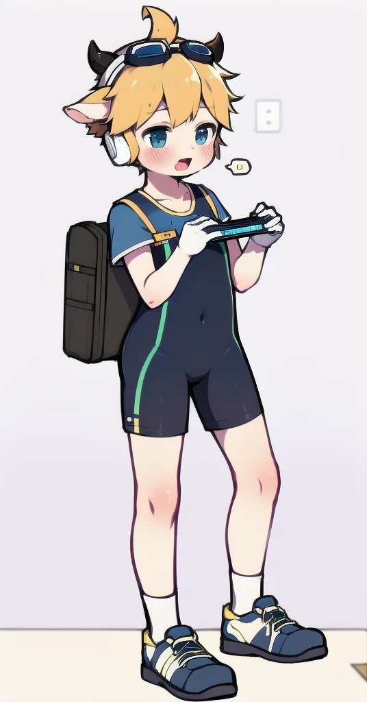 Second dimension boy teenager，One-piece mountaineering suit，horn，Cow ears，Put the headphones on your head，stand up，goggles，sports shoes，Slim，White knee socks，Short sleeve shorts，Leg ring，cute，happy，classroom，moan