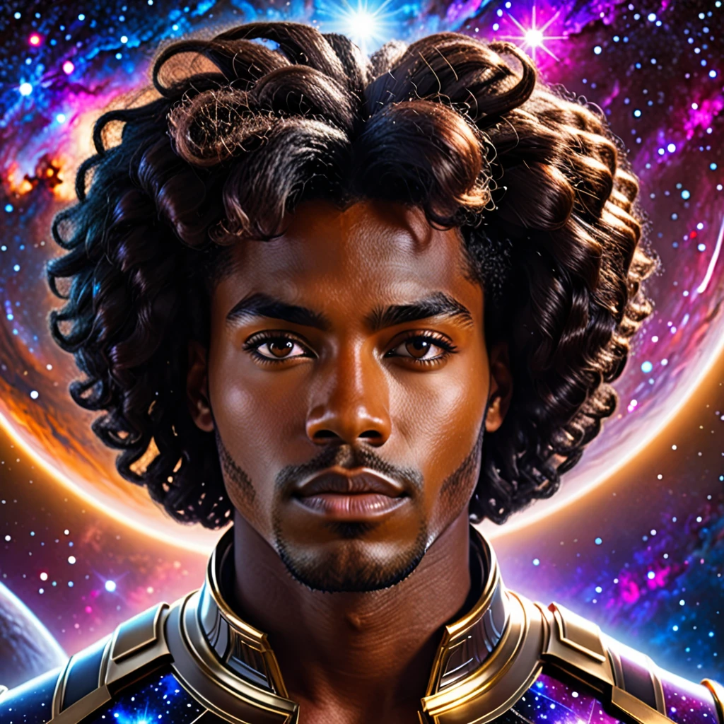 Centered, a brown skin man With your ((black power hair forming across the galaxy)), afrofuturism, cosmic, hair mixed with the galaxy, ultra quality, 8K, masterpiece, photorealistic face, cinematic scene