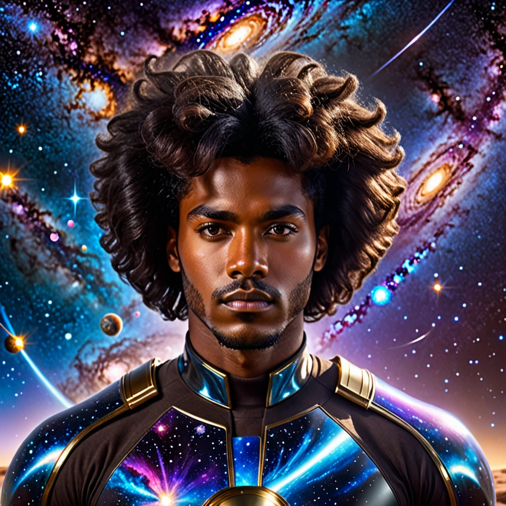 Centered, a brown skin man With your ((black power hair forming across the galaxy)), afrofuturism, cosmic, hair mixed with the galaxy, ultra quality, 8K, masterpiece, photorealistic face, cinematic scene