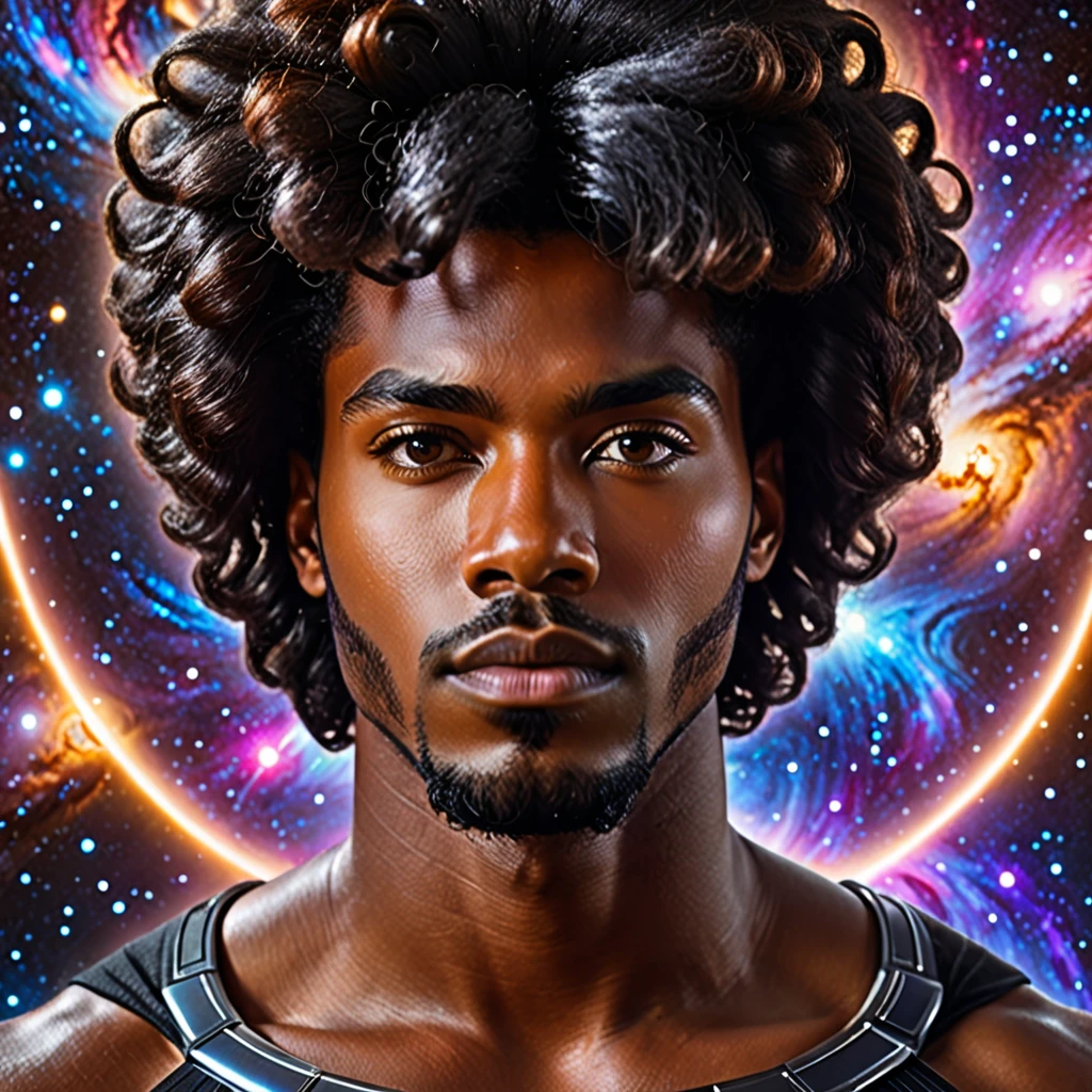 Centered, a brown skin man With your ((black power hair forming across the galaxy)), afrofuturism, cosmic, hair mixed with the galaxy, ultra quality, 8K, masterpiece, photorealistic face, cinematic scene