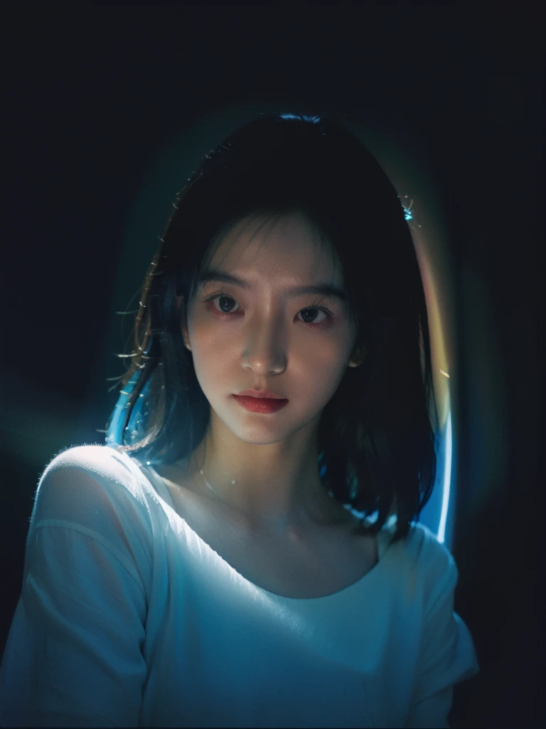 made full portrait unique photography with light and painting. Using Fluorescent materials to form abstract patterns that are implemented on the pretty japanese women face with dynamic pose. Phosphorescent materials store light and release it slowly. glow in the dark, prism rainbow effect, Ultra highly detailed, skin texture, detailed art, neon glow backround, Realistic Portrait by Arnau Mas