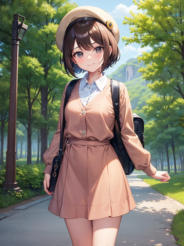 ((masterpiece,best quality)), absurdres, gloria \(pokemon\), brown hair, solo, backpack, brown eyes, tam o' shanter, grey cardigan, pink dress, short hair, green socks, socks, brown bag, bob cut, bangs, long sleeves, collared dress, solo, smiling, looking at viewer, cowboy shot, cinematic composition, contrapposto,
