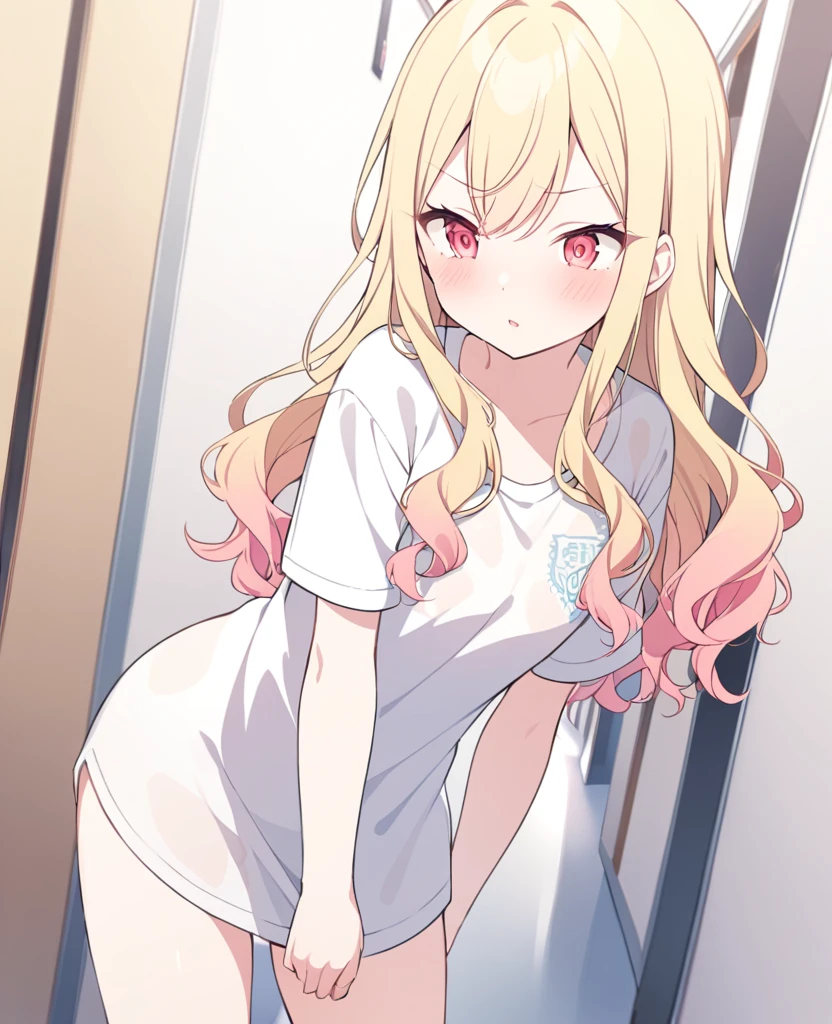 One girl,alone,Tenma Saki, body type,Yellow Hair,Red Eyes,project sekai,long hair,cute,cute,nsfw,shirt,corridor, being fingered