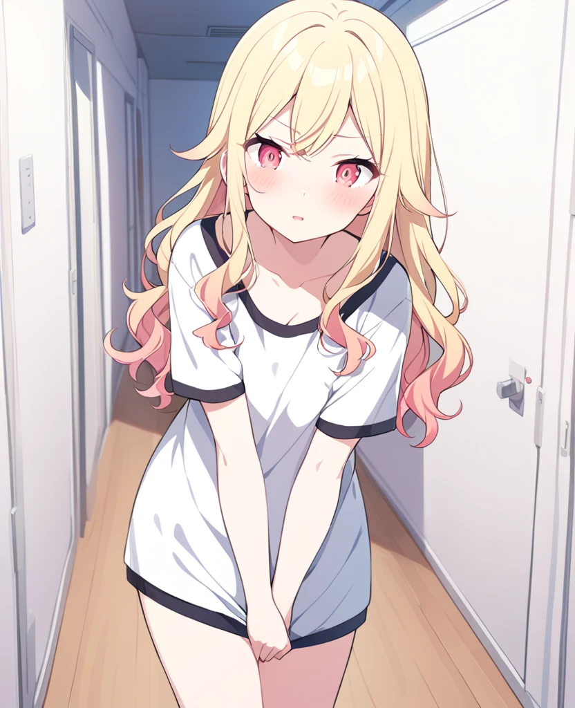 One girl,alone,Tenma Saki, body type,Yellow Hair,Red Eyes,project sekai,long hair,cute,cute,nsfw,shirt,corridor, being fingered