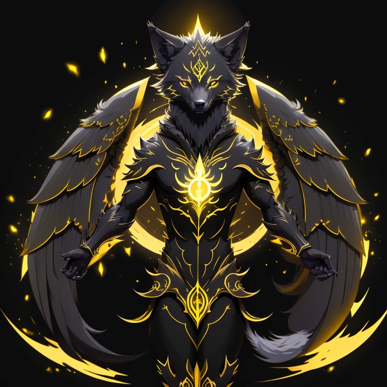 (1 wolf) full body, a yellow eyed black wolf, a winged four ears black wolf with yellow light halos, black feathers, black wings, yellow energy around, full moon background