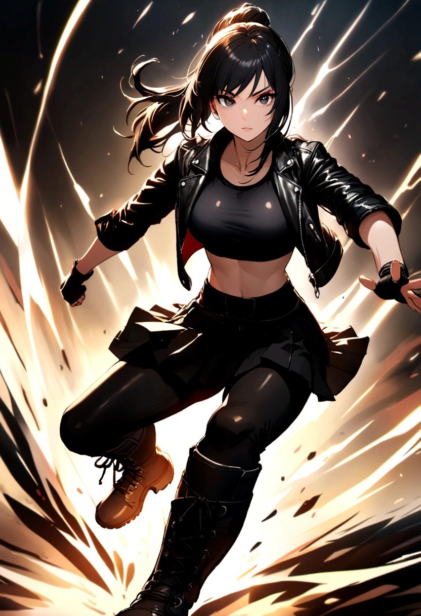 Female martial arts fighter with beautiful appearance and with long black hair and black eyes wearing skirt and undershirt and leather jacket and black gloves and combat boots