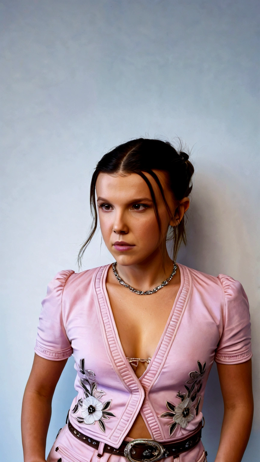 realistic photo, brunette hair, intricate details, (cinematic look), award winning, masterpiece, sharp focus,
floraline_dress, flordress, cleavage, parted lips, :d, arm support,
1girl, Millie Bobby Brown, 21yo, attractive, leaning forward, bent over,
detailed eyes, detailed lips, goosebumps, peach fuzz, detailed skin, knees, cowboy shot,
dynamic angle, wind, by  sports illustrated