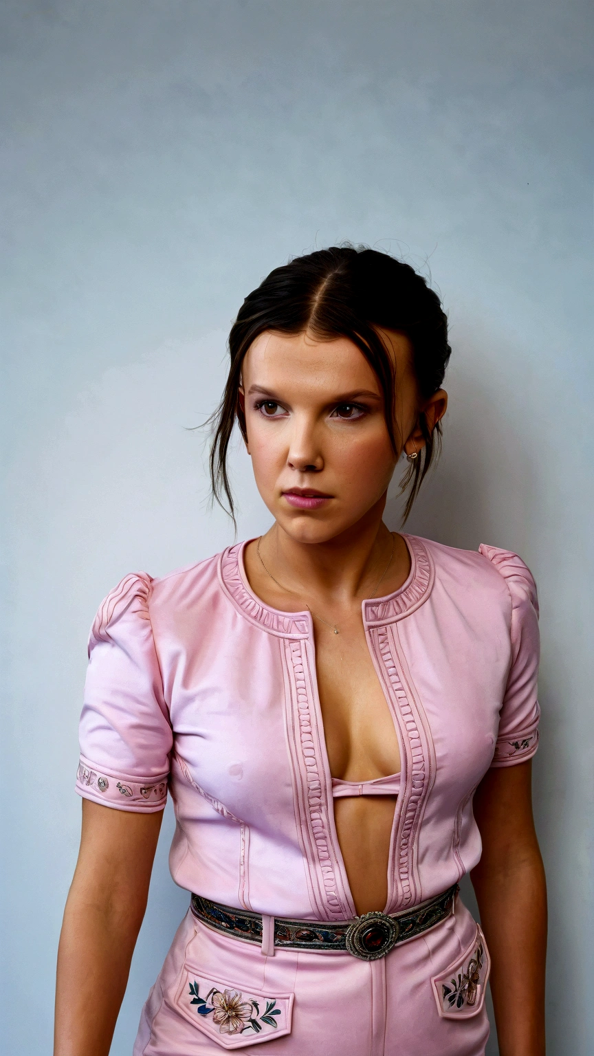 realistic photo, brunette hair, intricate details, (cinematic look), award winning, masterpiece, sharp focus,
floraline_dress, flordress, cleavage, parted lips, :d, arm support,
1girl, Millie Bobby Brown, 21yo, attractive, leaning forward, bent over,
detailed eyes, detailed lips, goosebumps, peach fuzz, detailed skin, knees, cowboy shot,
dynamic angle, wind, by  sports illustrated