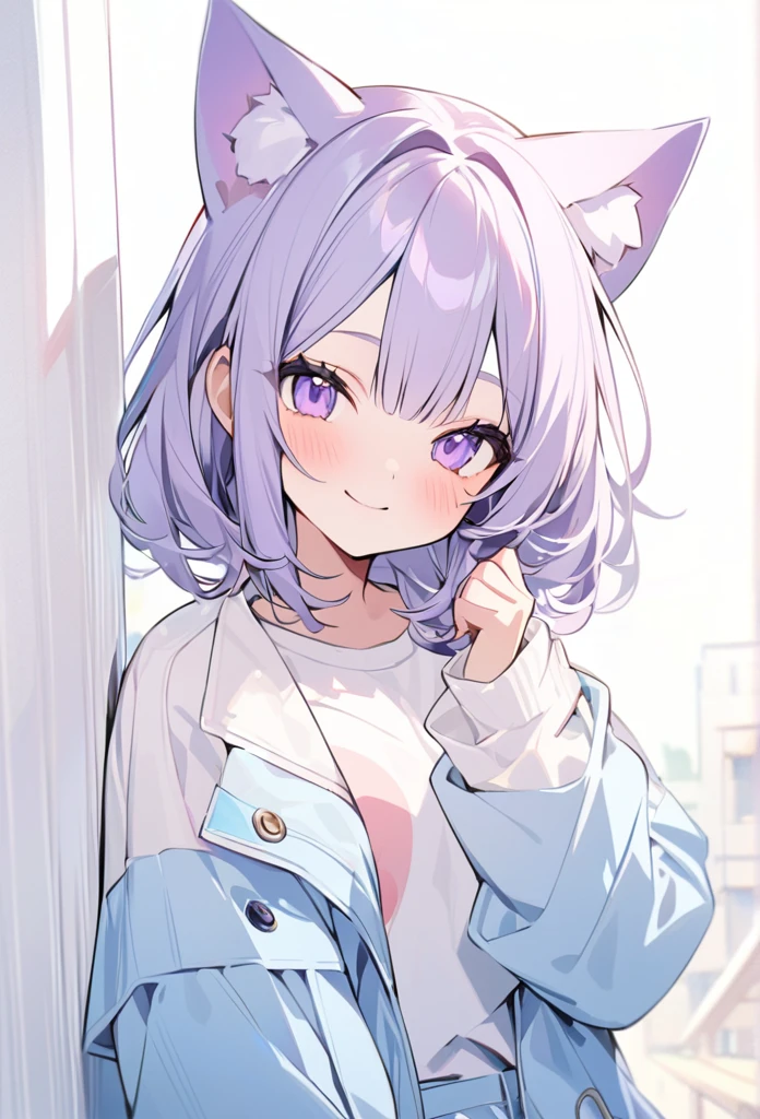 (masterpiece)), ((Very detailed)), (andてもアクティブでクール), woman, alone, Cute attitude,((Jacket)),womanはandても(smile)and(Cat ear)exterior， Light purple eyes，background(Pure white wall)，Medium Hair、薄紫の髪
ゲーマー見たいなexterior，The clothes are see-through、Place one&#39;In one hand&#39;pocket、Jacketを着ている、Wearing a hood、anime painting