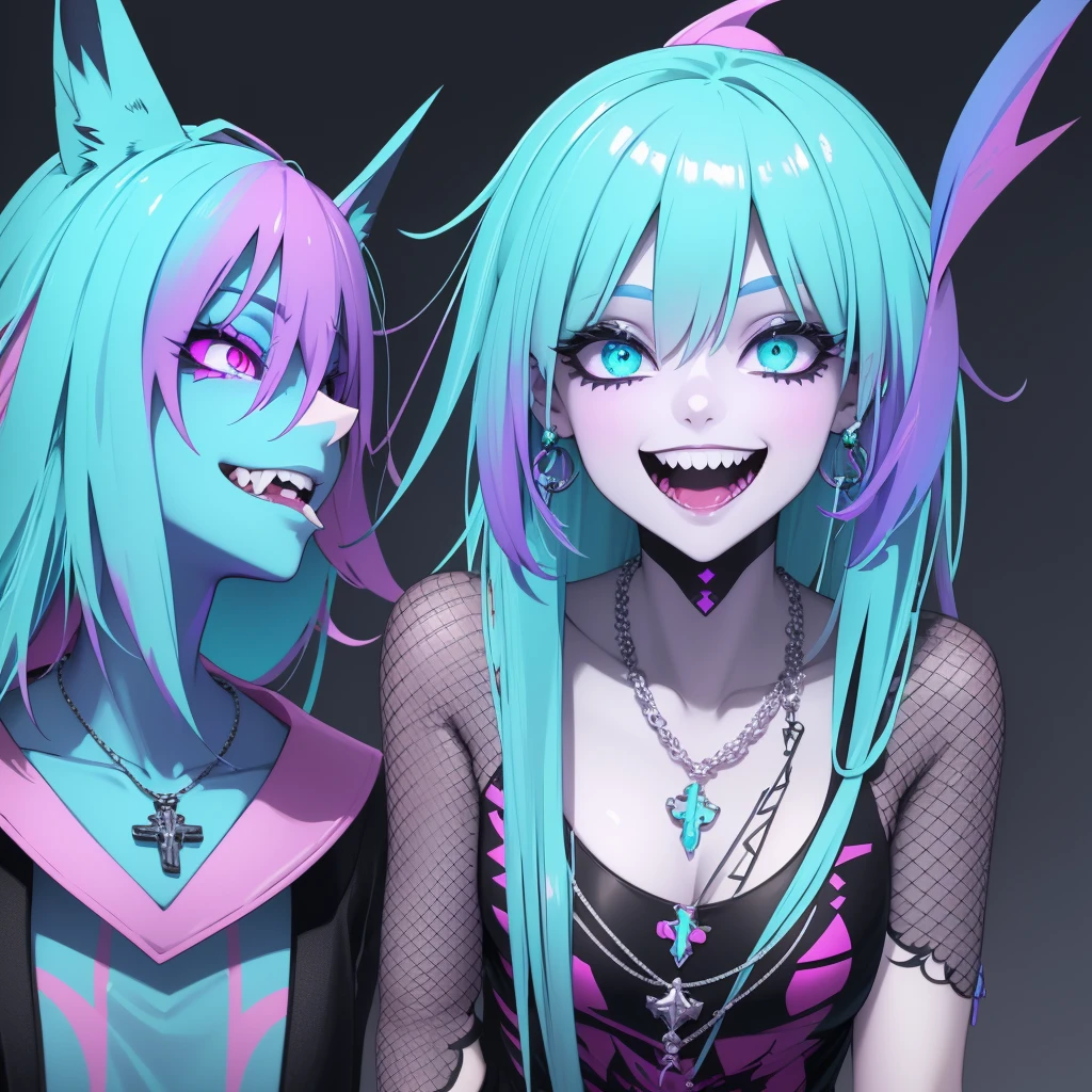 character with neon blue hair with bright yellow highlights. themes of anxiety, madness and paranoia, image of schizophrenia. The character should have slightly bluish-purple skin and large, hypnotic eyes with a gradient from bright yellow to pink. They must have a wide, manic face. glass cup full of pills, he smiled with sharp, pointed teeth and a playful tongue sticking out. Adorn the character with colorful accessories, including cross-shaped earrings and a necklace made from multicolored bows. Clothing should feature vibrant, contrasting colors to enhance the chaotic, disruptive vibe. The background should be white to highlight the character's bright colors."