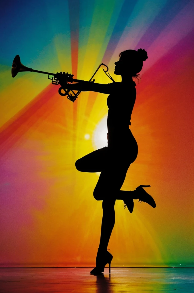 Dancer silhouette with colorful background with a trumpet, violin, tambor