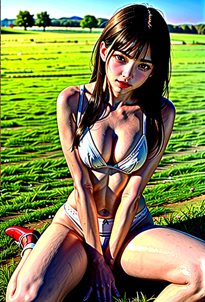 Sexy girl, kinky, high heels, big breasts, skinny, sitting on the back in a field of flowers, milk on her breasts, girl spreads legs, no bra, no underwear, pussy close up