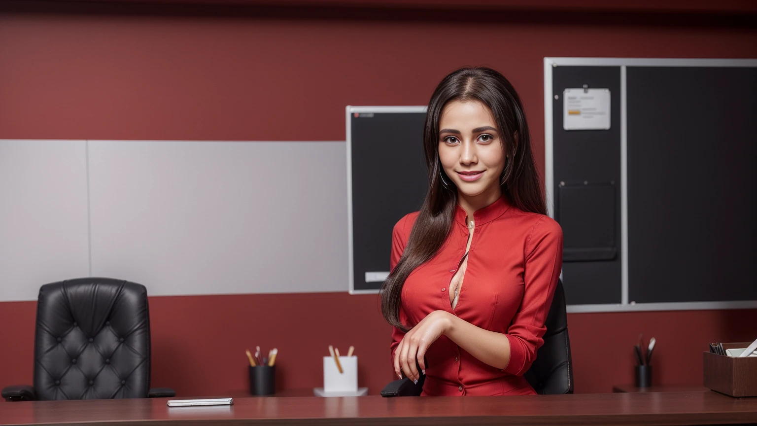 a friendly customer service representative, expressive eyes, full smile, professional attire, office setting, 8k, masterpiece, RAW photo, best quality, photorealistic, extremely detailed CG unity 8k wallpaper, Depth of field, Cinematic Light, Lens Flare, Ray tracing, (extremely beautiful face, beautiful lips, beautiful eyes), intricate detail face, ((ultra detailed skin)), ((1girl:1.9)), ((alone:1.9)), ((19years old)), (big smile;1.4), (beautiful and aesthetic:1.2), deep shadow, (sharp focus), [(((Raiana-Elizabeth-Dilla:1.9)))], pretty girl, (very slim slender fit-muscled body:1.9), (((business-style fashion:1.9))), (((stylish ((red:1.5)) clothes))), (((modern office background:1.9))), (shiny skin), clear eyes, (pale skin), ((whole-body-view:1.9)), ((full-body:1.9, cinematic shot)), soft lighting, (flowing dark-black hair), (looking at viewer:1.8),  ((beautiful legs:1.2)), (large breasts:1.1), highly detailed, ultra realistic, extremely detailed and realistic ((red:1.5)) clothes.