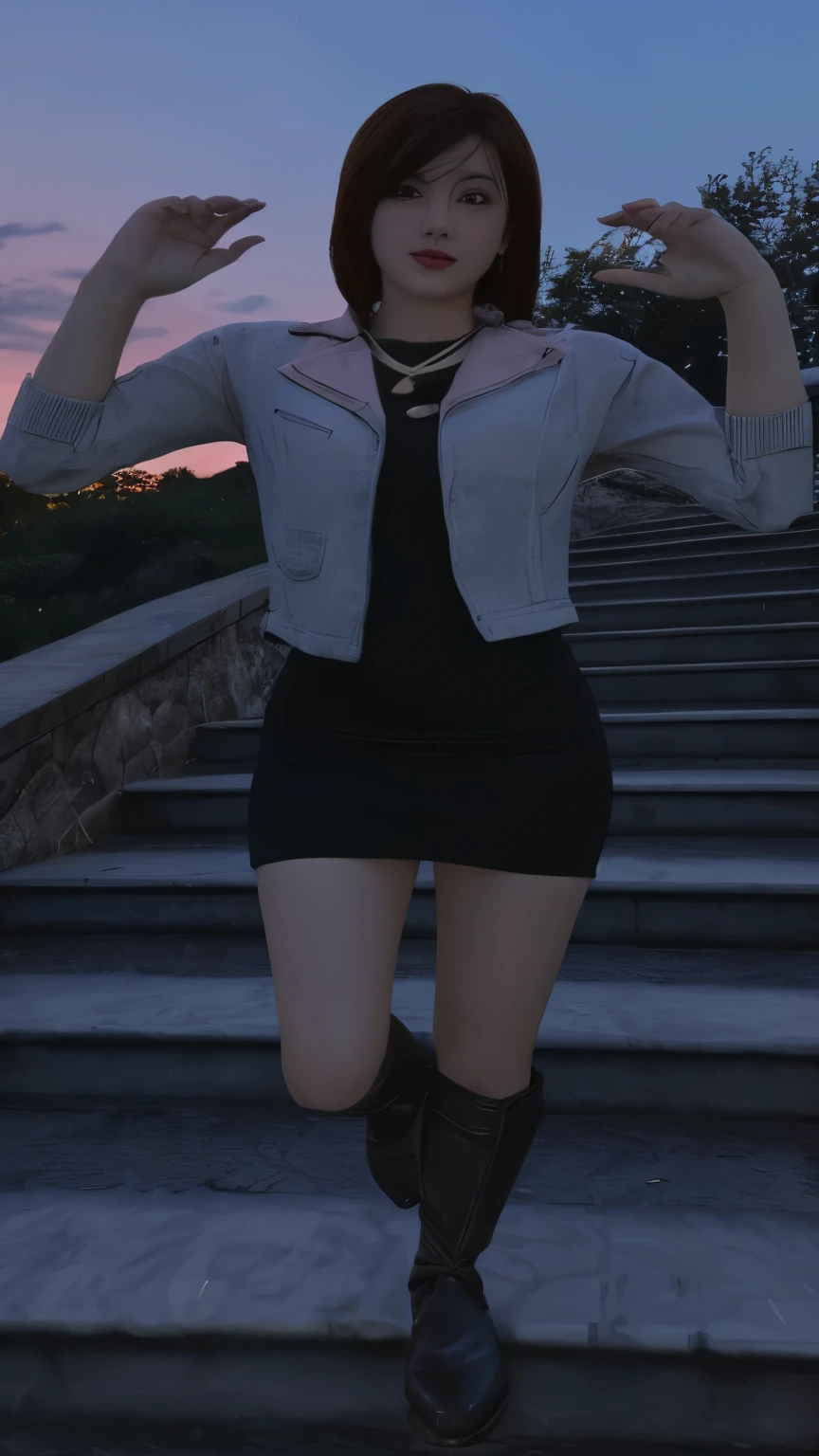 there is a woman who is standing on some steps, vestimentas photo, at night, em vestimentass! highly detailded, evening, soft evening lighting, Late in the evening, Full-body close-up, pose casual, vestimentas photograph, highly_detailded!!, vestimentas: Policerman, succubus in tight short dress, full body shot hyperdetailded, far - half shot