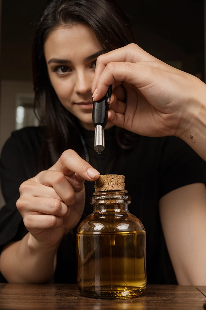 hand holding dropper taking oil from a small bottle
