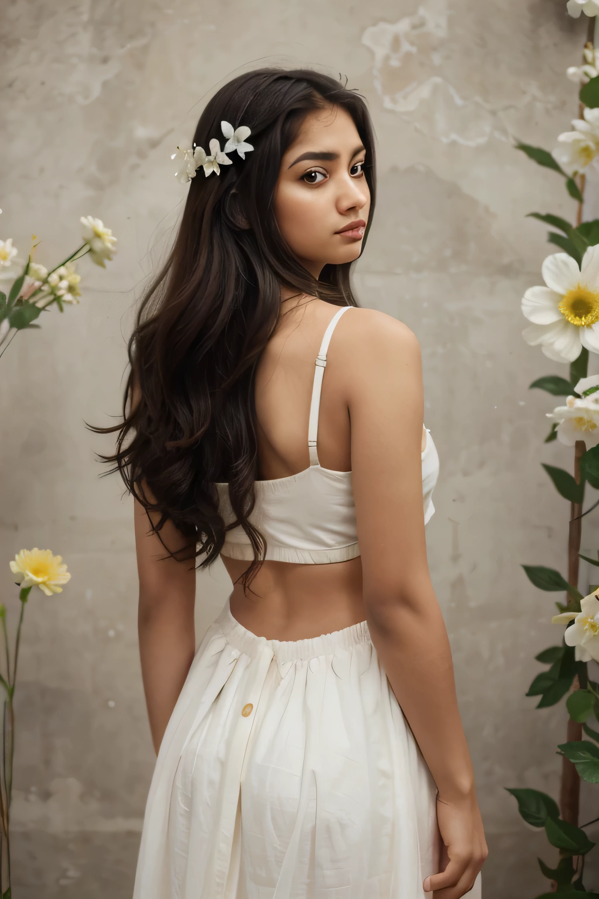 1 girl, alone, masterpiece, good quality, upper body, charayesha, Viewers look at, ayesha altugle, flower, hair flower, simple backround,
