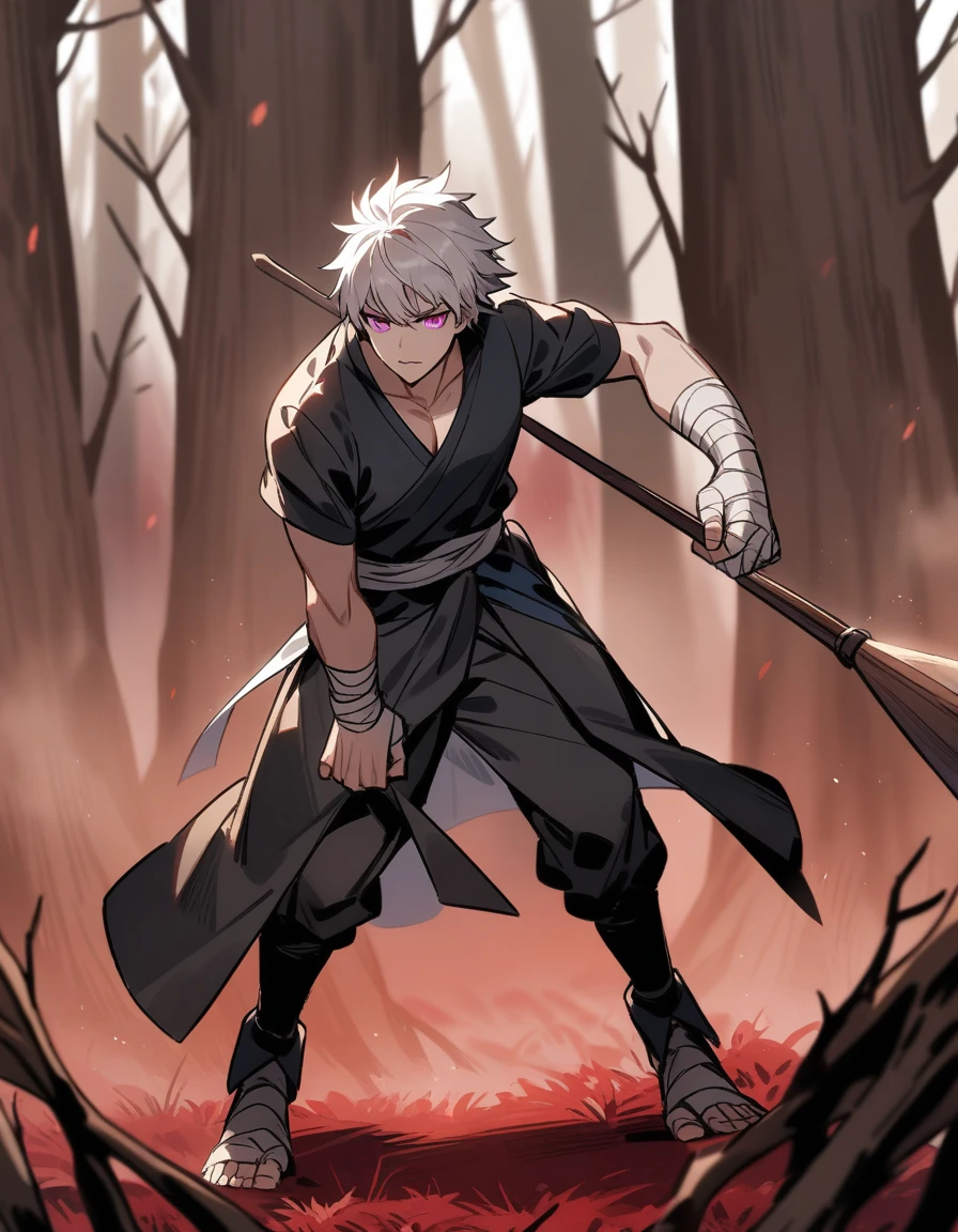 Greek boy with white hair, violet eyes, with bandaged fists, training alone with a wooden spear in a red forest with dead trees