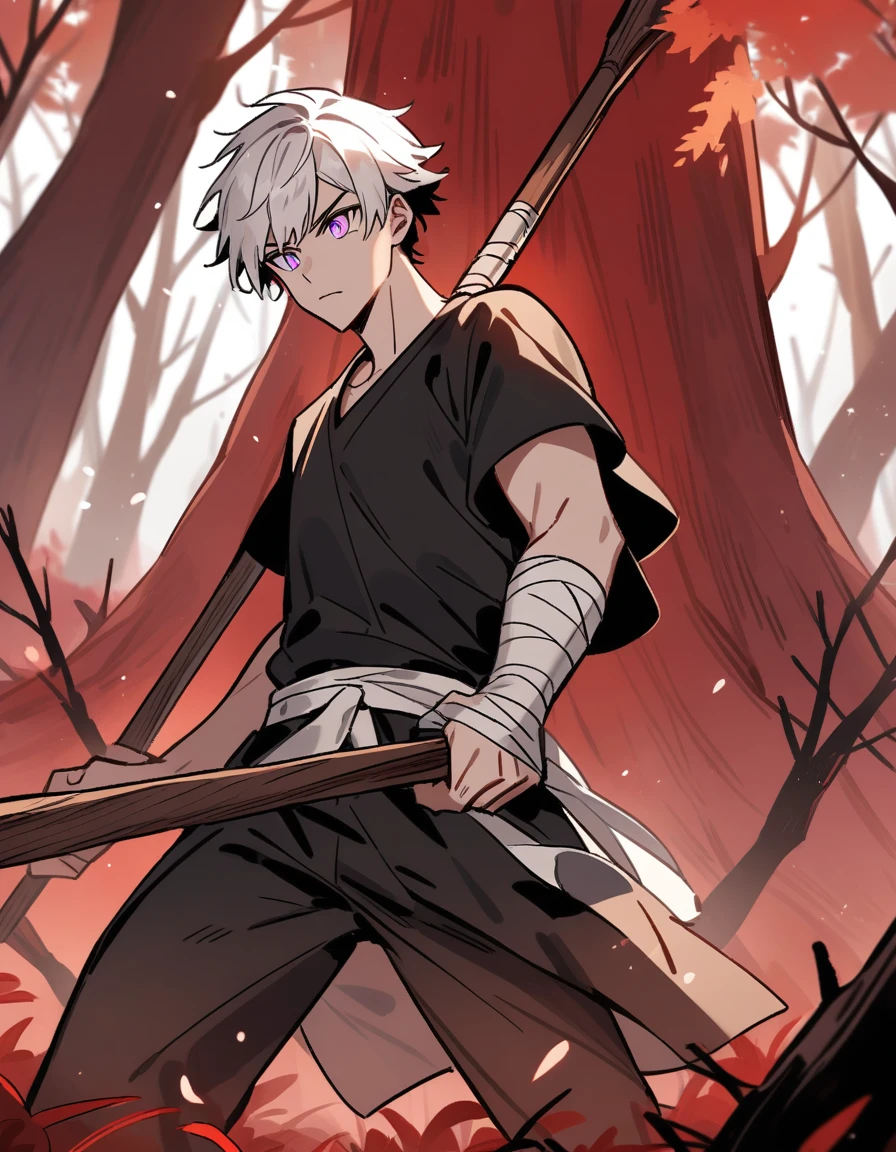 Greek boy with white hair, violet eyes, with bandaged fists, training alone with a wooden spear in a red forest with dead trees