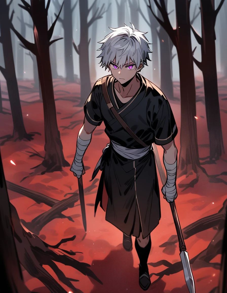 Greek boy with white hair, violet eyes, with bandaged fists, training alone with a wooden spear in a red forest with dead trees