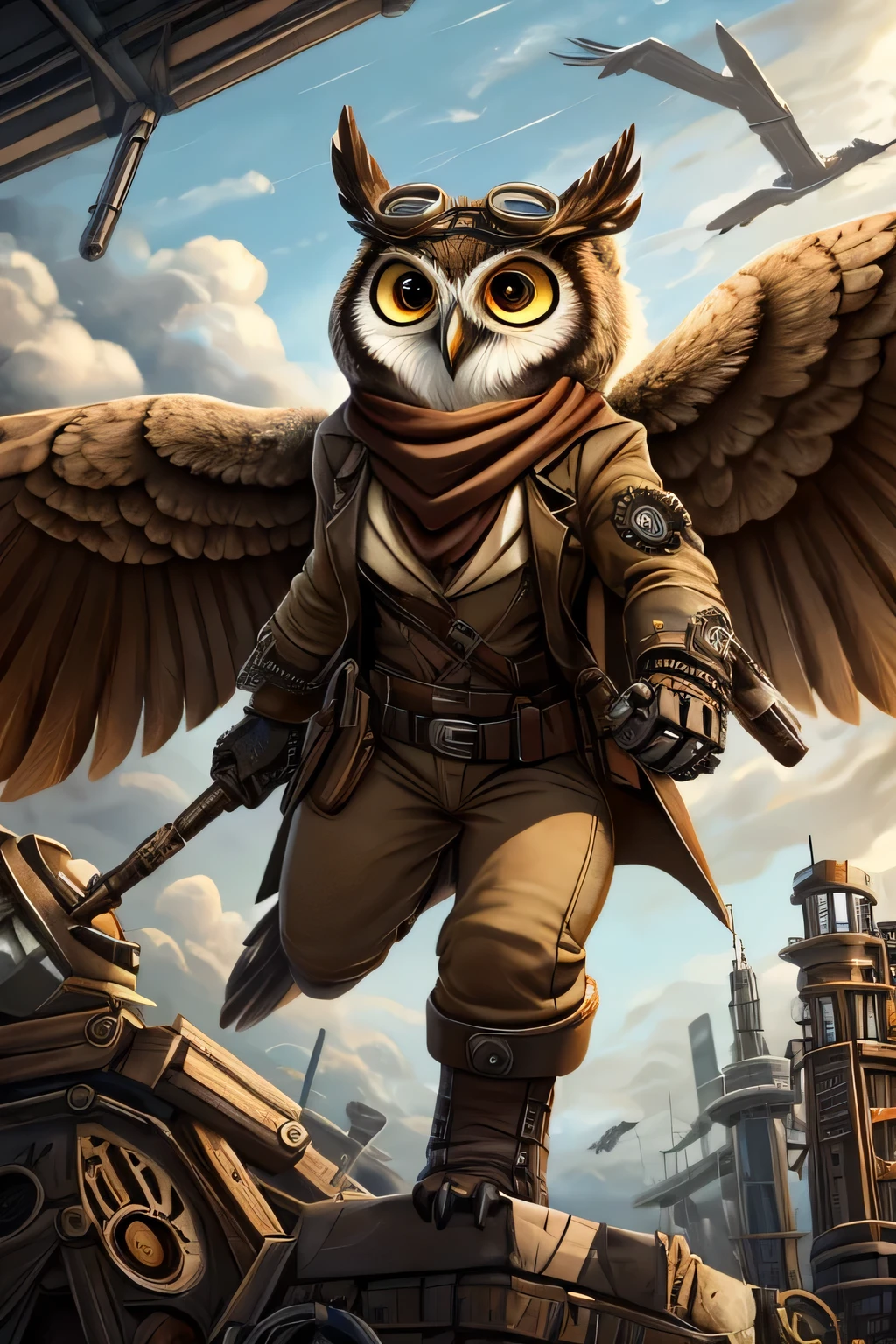 An owl with aviator goggles and a brown scarf. She is wearing a belt with various steampunk tools and detailed mechanical wings..
picture details: Background with a cloudy sky and giant gears around. The owl is flying, with a determined expression on the face.
