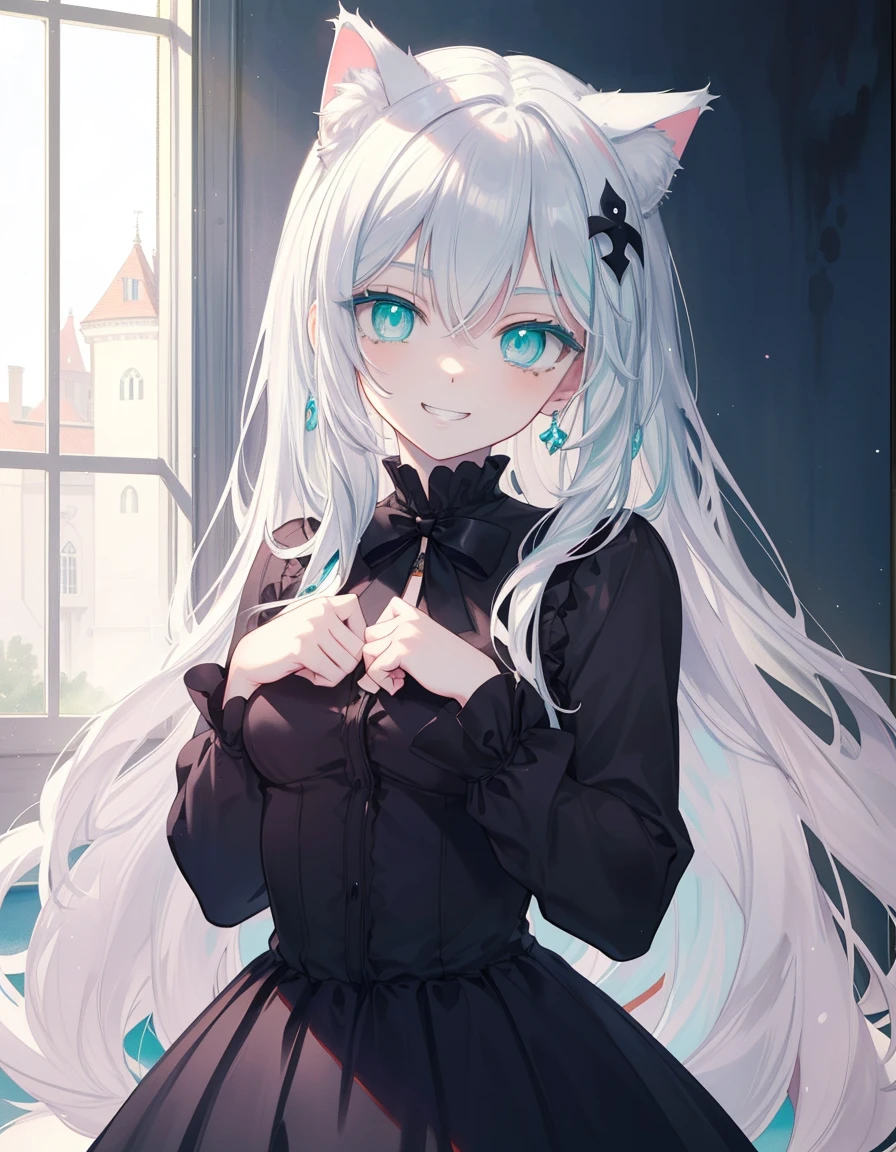 Demons, black clothed, horror castle, grin, evil smile, ((masterpiece, best quality:1.5)), ((Beautiful detailed cat aqua eyes:1.2)), cat ears, pale skin, small breasts, beautiful hands, beautiful fingers, EasyNegative