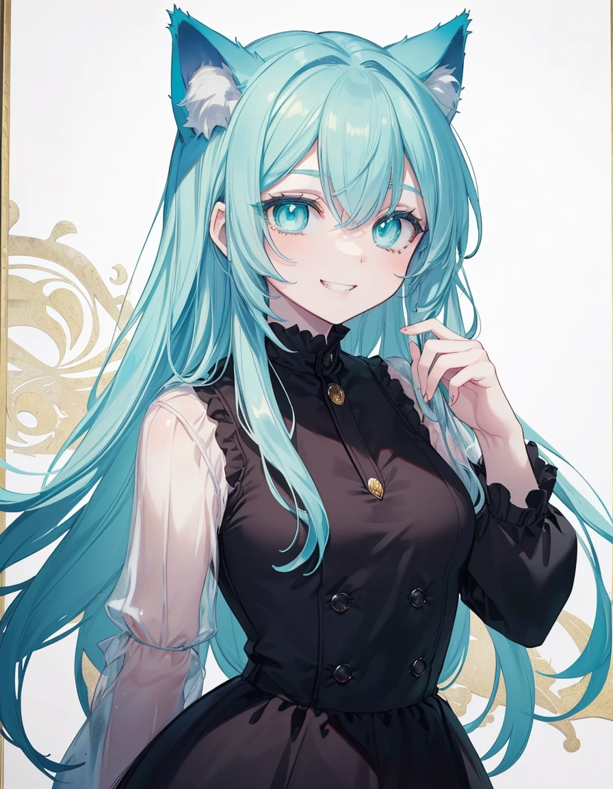 Demons, black clothed, horror castle, grin, evil smile, ((masterpiece, best quality:1.5)), ((Beautiful detailed cat aqua eyes:1.2)), cat ears, pale skin, small breasts, beautiful hands, beautiful fingers, EasyNegative