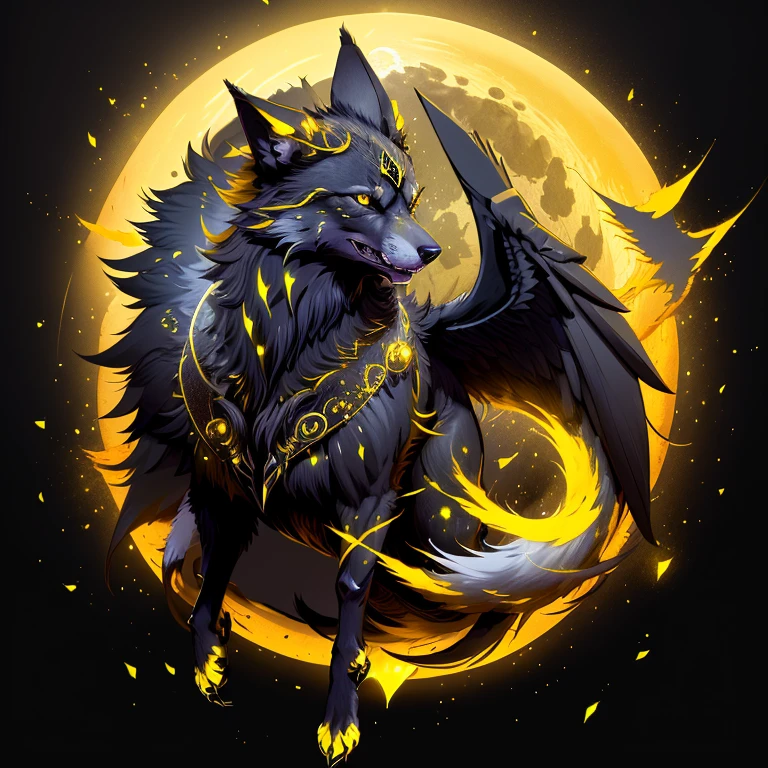 (1 wolf) full body, a yellow eyed black wolf, a winged four ears black wolf with yellow light halos, black feathers, black wings, yellow energy around, full moon background