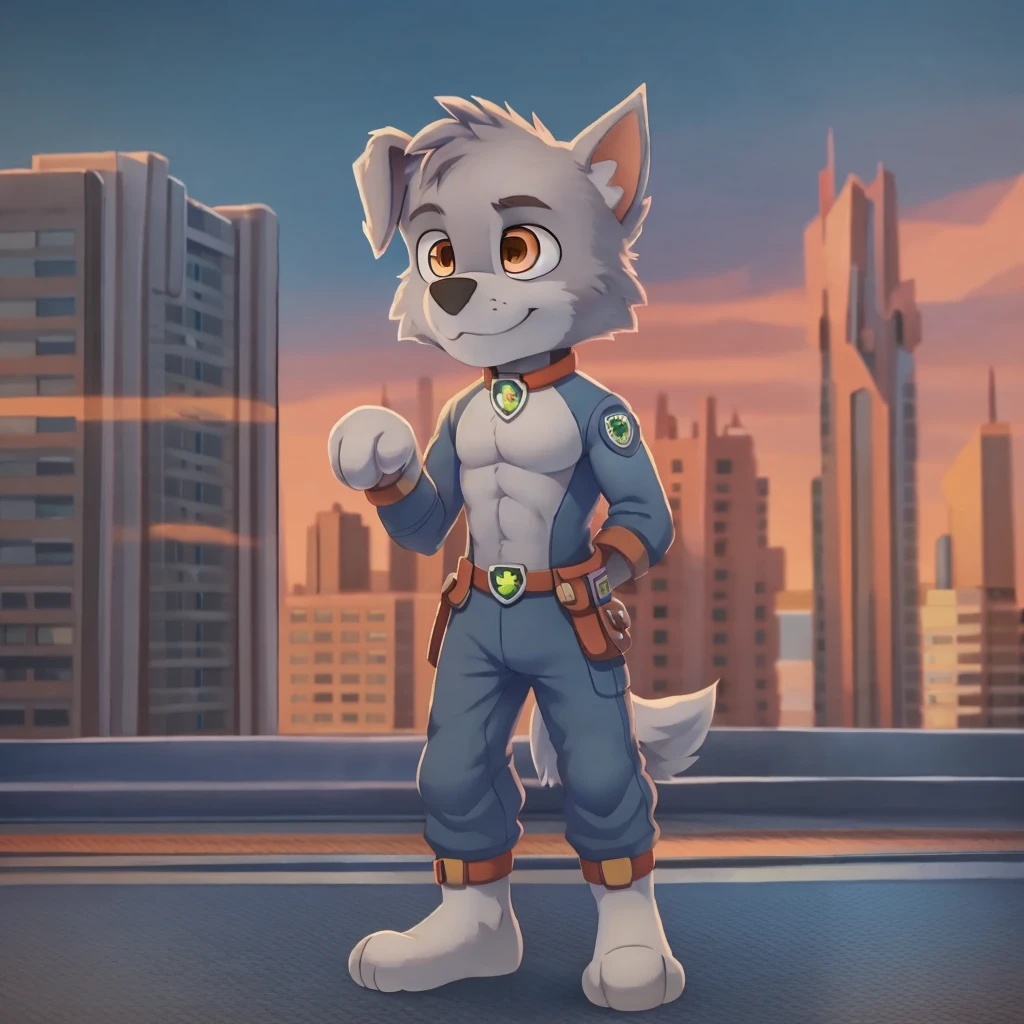 Rocky, dog, furry boy, orange eyes, grey fur, spiky hair, two tone body fur, grey body fur, detailed body, detailed face,  {rocky paw patrol) solo, standing, city background