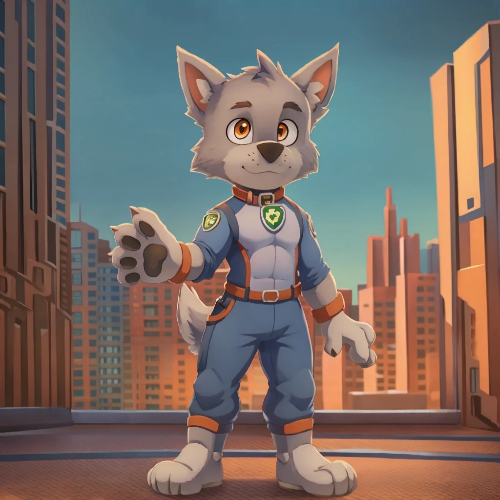 Rocky, dog, furry boy, orange eyes, grey fur, spiky hair, two tone body fur, grey body fur, detailed body, detailed face,  {rocky paw patrol) solo, standing, city background