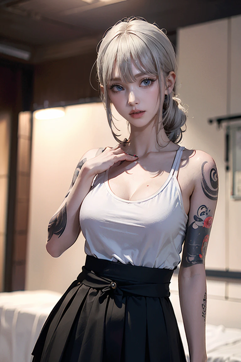 ((masterpiece)) Realistic, One girl, Glowing Eyes, Tank top transparent, skirt,stockings,Silver Hair, (((Tight waist))), ((Big Breasts)),(See through),(((He has many tattoos all over his body)),(NSFW:0.5),(Chest puffing pose),(Random Hairstyles),(Best image quality,(8K),Ultra-realistic,最high quality, high quality, High resolution, high quality,Attention to detail,Beautiful details,Fine details,Extremely detailed CG,Detailed Texture,Realistic facial expressions,masterpiece,in front),