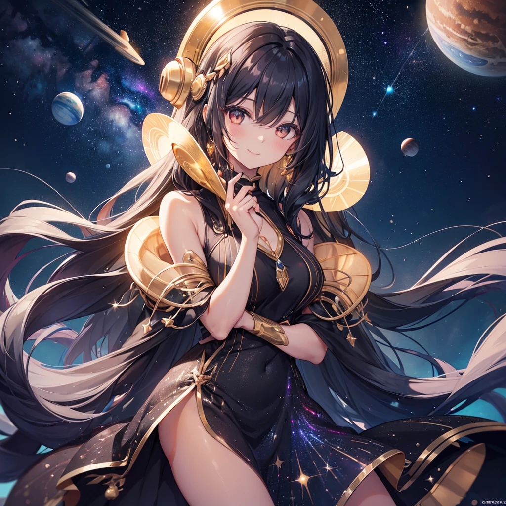Woman with very long wavy black hair tan skin, good size breast,  wearing a beautiful dark majenta  glitter dress and smiling up. Little, surrounded by outerspace, planets, and galaxies