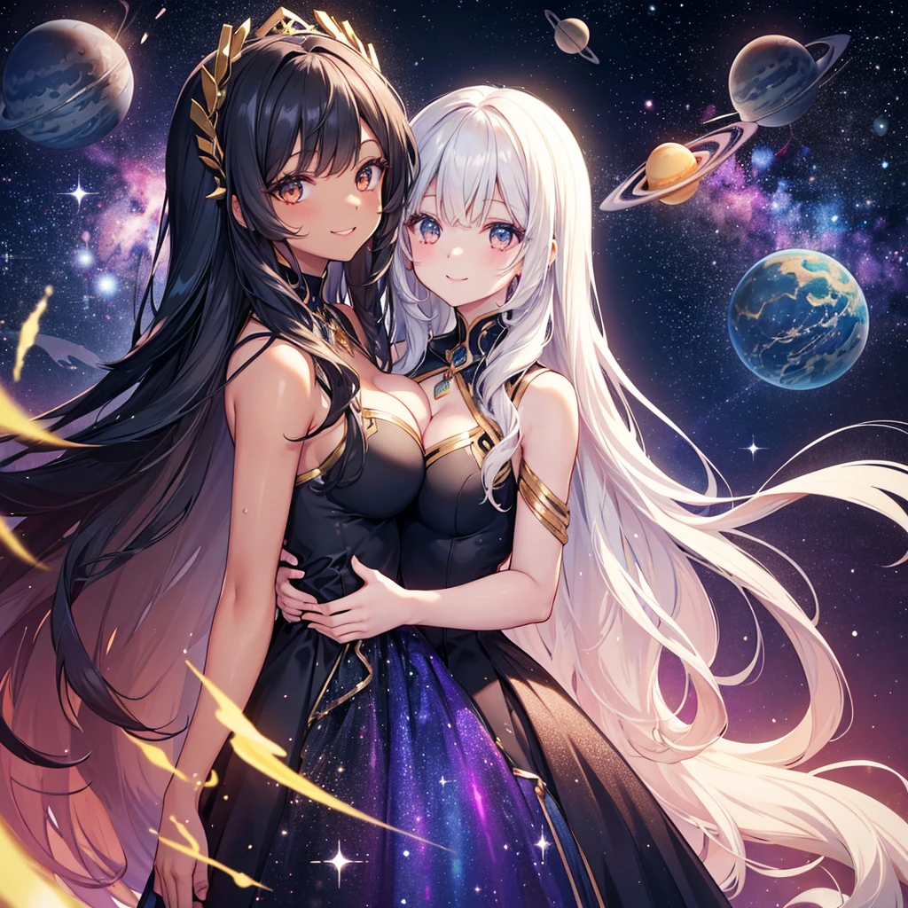 Woman with very long wavy black hair tan skin, good size breast, wearing a beautiful dark majenta glitter dress and smiling up. Little, surrounded by outerspace, planets, and galaxies