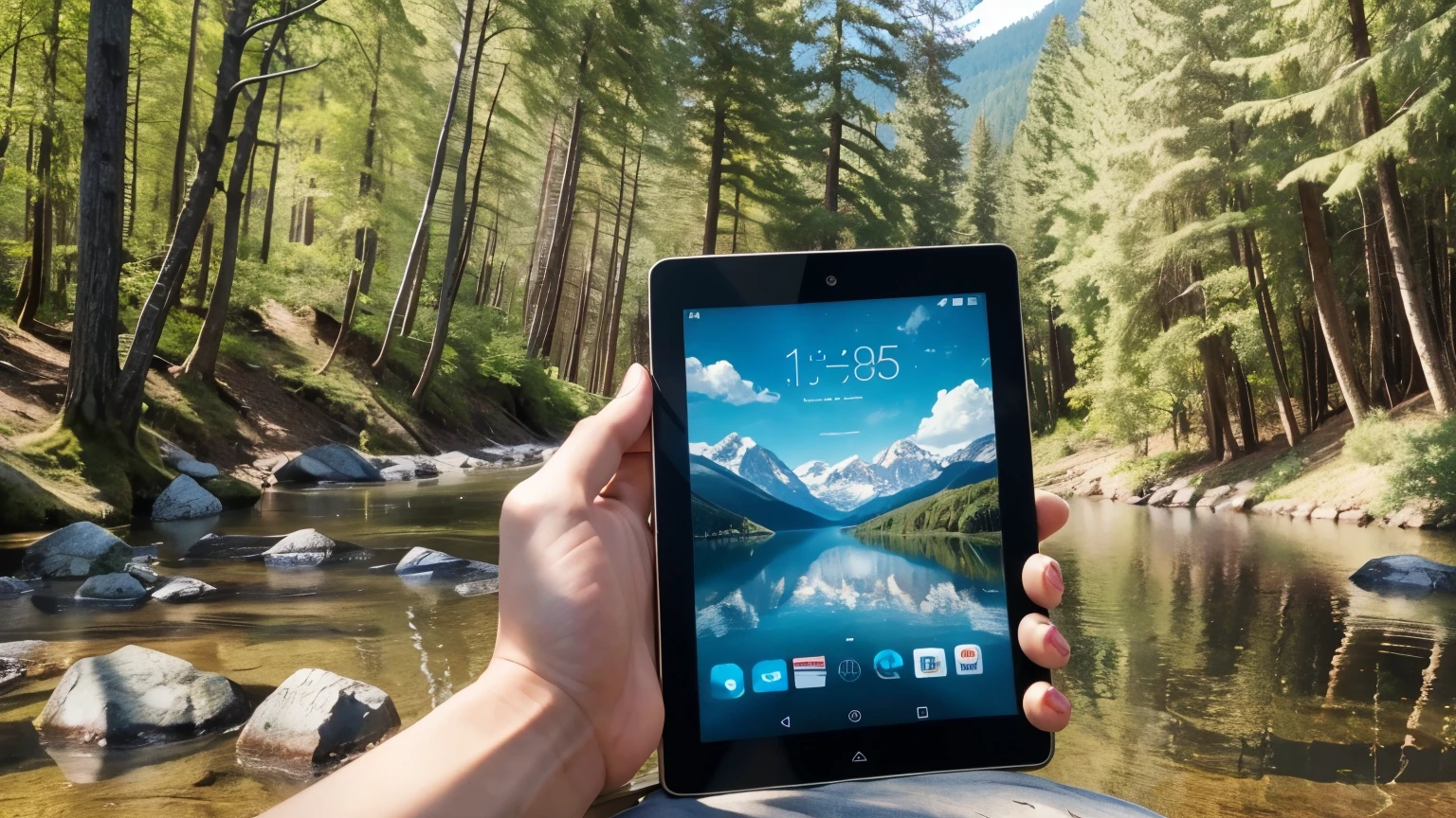 person holding a tablet in the middle of nature (EcoTablet) or Sustainable Tablet