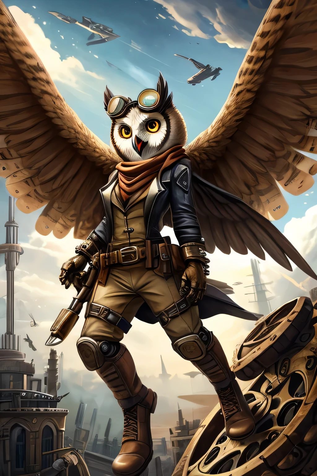An owl with aviator goggles and a brown scarf. She is wearing a belt with various steampunk tools and detailed mechanical wings..
picture details: Background with a cloudy sky and giant gears around. The owl is flying, with a determined expression on the face.