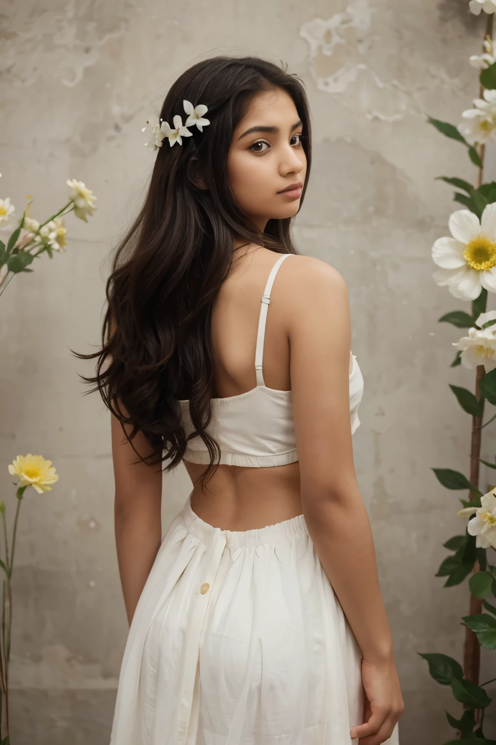 The image depicts a 15-year-old Indian tamil girl with white skin and long black hair, 29-year-old Indian kerala boy with medium white skin and short black hair striking a pose in a studio white backdrop. The scene is captured in ultra-high quality, with intricate detailing and vibrant colors enhancing the fairy tale style of the portrait. The lighting is soft and ethereal, illuminating the girl's features and the colorful flowers surrounding her. The composition is carefully framed to showcase the girl's beauty and the enchanting atmosphere of the garden, creating a mesmerizing and dream-like image.