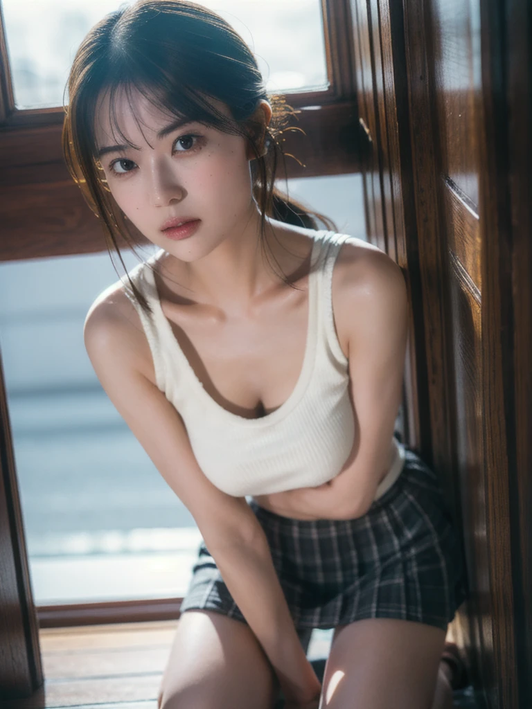 1girl, woman, masterpiece, best quality, highest quality, cinematic lighting, (volumetric lighting), extremely detailed CG unity 8k wallpaper, focused, 8k wallpaper, extremely detailed, ultra realistic, photorealistic, sharp focus, absurdres, (HDR:1.2), (high contrast), photograph, detailed and intricate, instagram, portrait, highly detailed, digital painting, artstation, concept art, smooth, sharp focus, illustration, cinematic lighting, (whole body:1.2), (large breast:1.3), sweating, show slim thigh, beautiful thigh, mini skirt, (bent over with hands on knees)