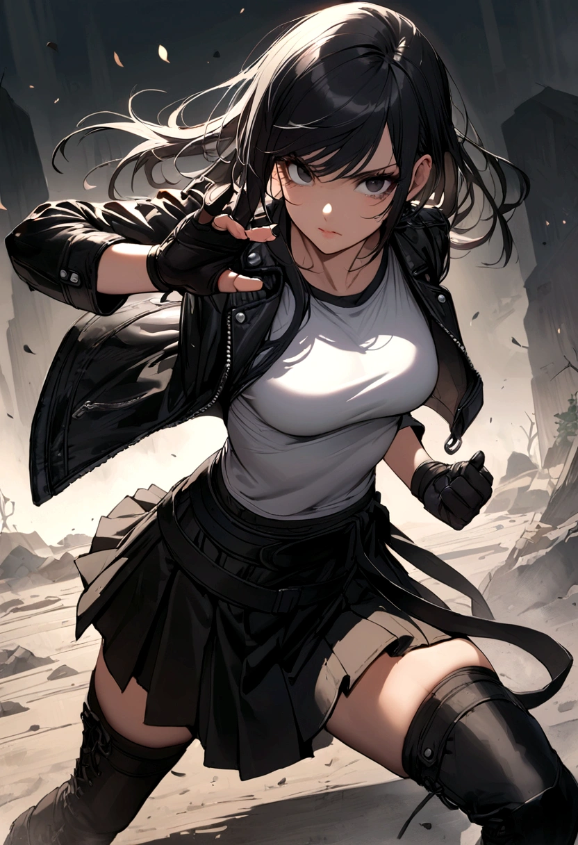 Female martial arts fighter with beautiful appearance and with long black hair and black eyes wearing skirt and undershirt and leather jacket and black gloves and combat boots