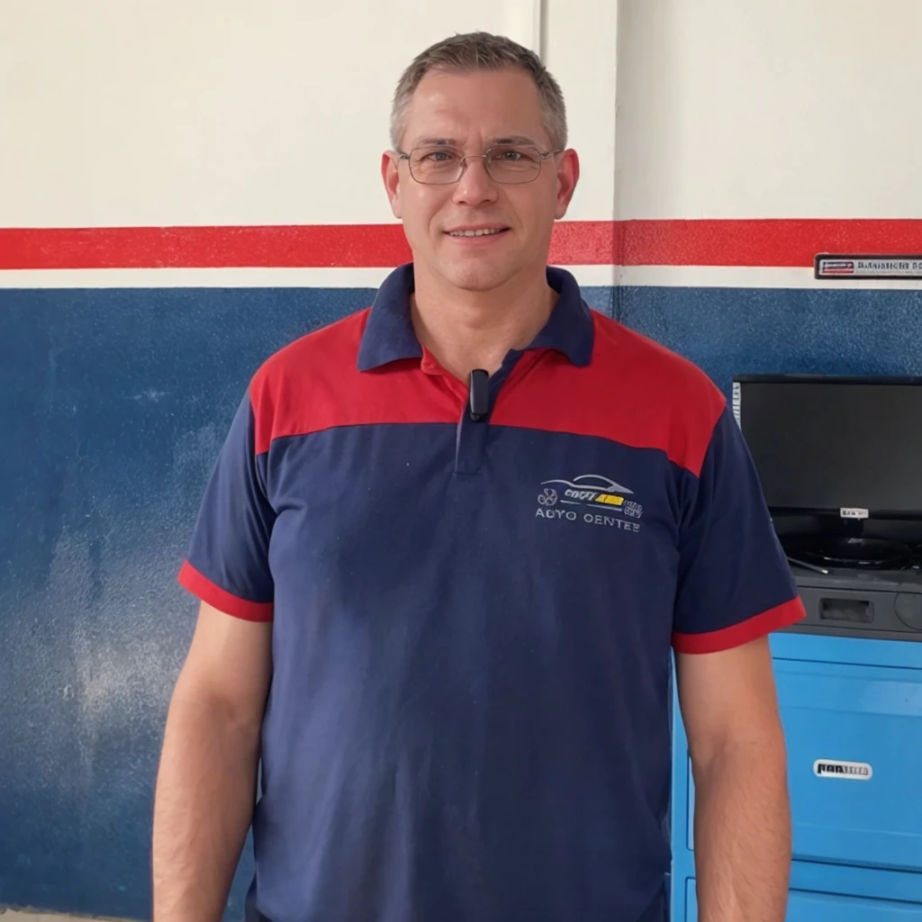 A white man, with little hair, almost bald and gray, not smiling, gray glasses with thin edges and a mechanic's outfit, rounded face
