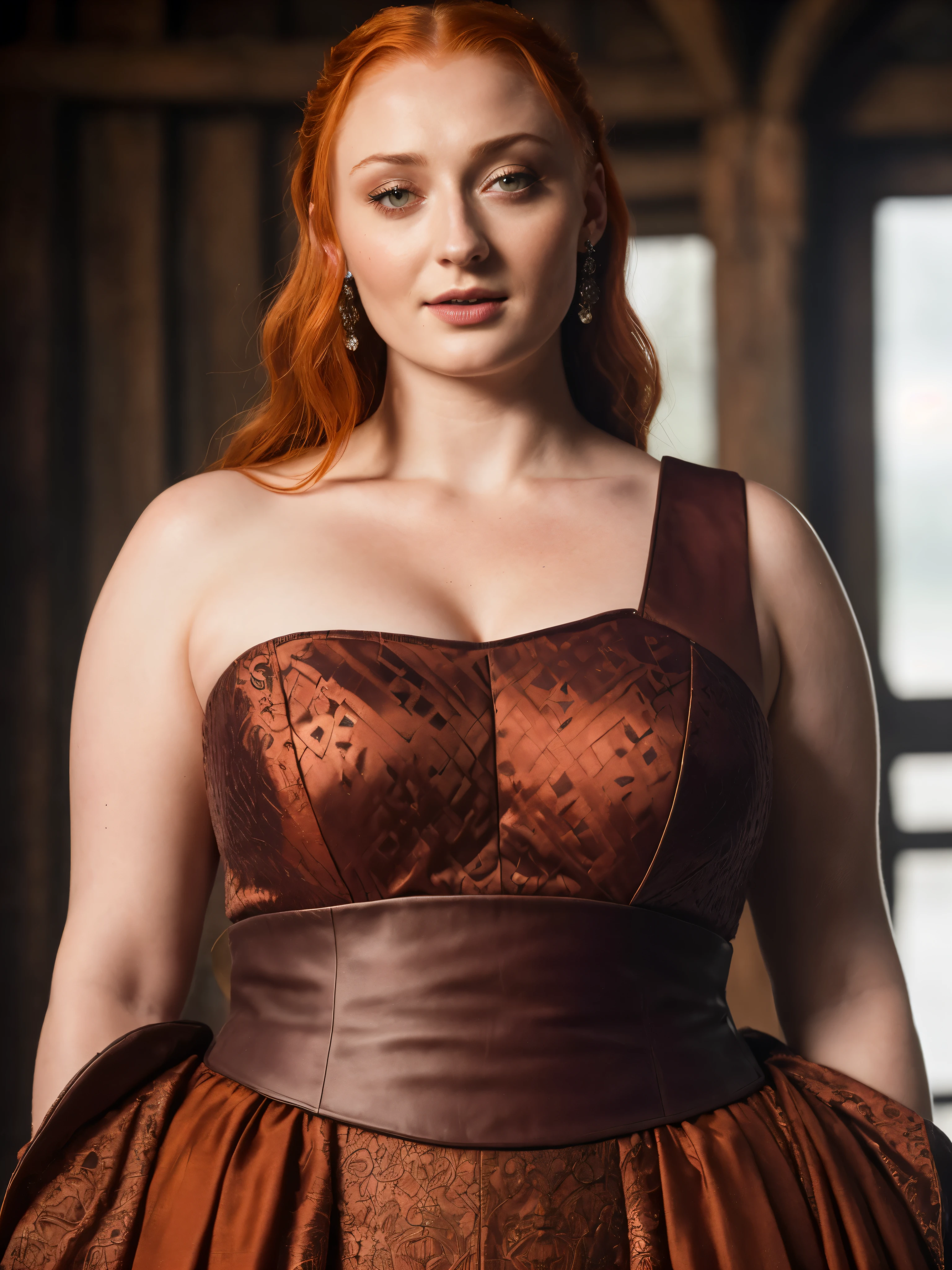 Face of Sophie Turner, Sansa Stark played by Sophie Turner, the de facto Lady of the Eyrie, is a 40-year-old mature queen with a stunning, alluring appearance. Full Face, Full figured woman, pierced eyes, reddish lips, upper body shot, erotic Mediaeval costumes, game of thrones costumes, She wears a Game of Thrones-inspired costume and has a deep cleavage, a perfect thick body, and a perfect thick figure. The photograph captures her in a close-up, with her skin texture and facial features being ultra-realistic and realistic. Juicy thick figure, high quality skin, Skin pores, amazing details, snow, snow flakes, semi realistic, extremely detailed eyes, dark moody orange and black settings, cool environment, artificial intelligence