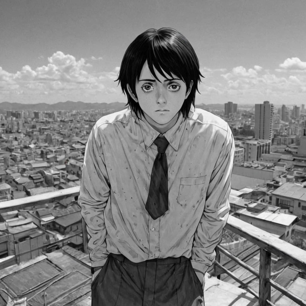 on the top floor of the building, (anime), bizarre scenario, This is Junji, Yusuke Murata, black and white, 8K, anime, horror