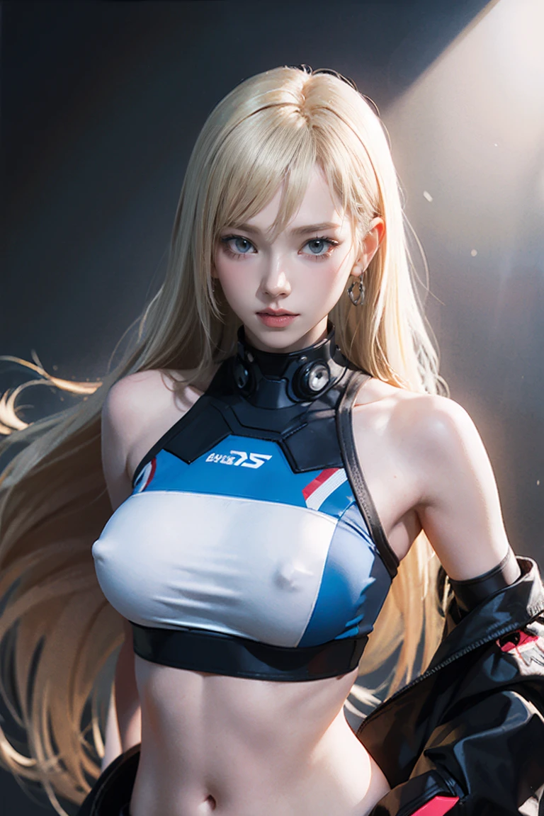 Highest quality, Ultra-high resolution, Realistic, BSFW,
Cyberpunk One Girl Has Sexy Euro Blonde Hair、Taking photos in a studio environment with a gray background, Protruding nipples, View your viewers, Upper Body, thin, Visible cracks, Crop top