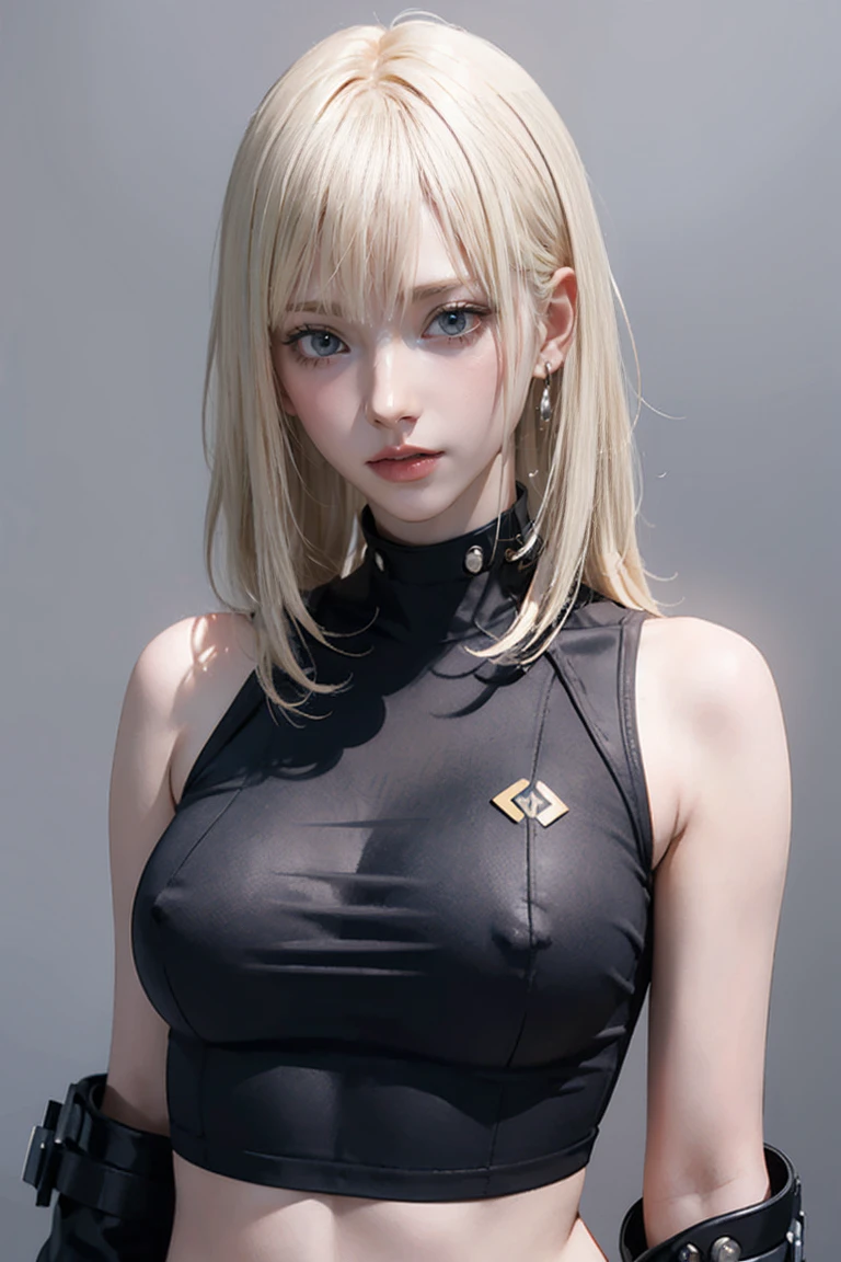 Highest quality, Ultra-high resolution, Realistic, BSFW,
Cyberpunk One Girl Has Sexy Euro Blonde Hair、Taking photos in a studio environment with a gray background, Protruding nipples, View your viewers, Upper Body, thin, Visible cracks, Crop top