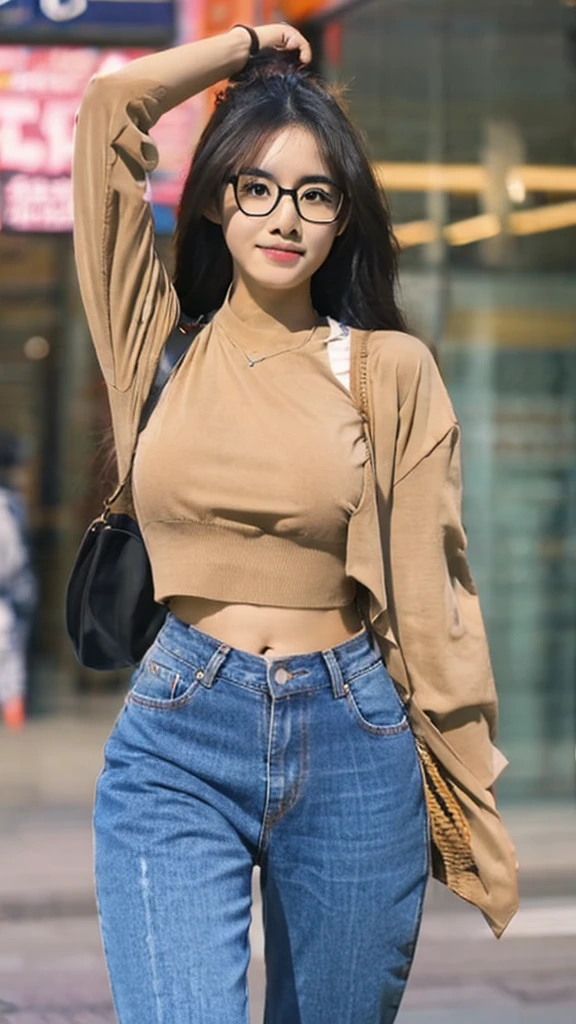 Cute dark skin toned Chinese girl wearing glasses, extremely high detailed tan jeans, detailed ,crop top
