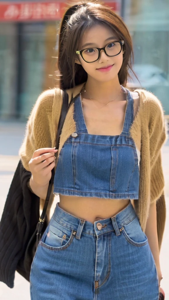 Cute dark skin toned Chinese girl wearing glasses, extremely high detailed tan jeans, detailed ,crop top