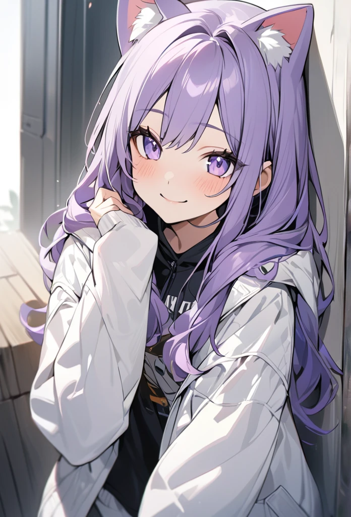 (masterpiece)), ((Very detailed)), (andてもアクティブでクール), woman, alone, Cute attitude,((Jacket)),womanはandても(smile)and(Cat ear)exterior， Purple Hair，Light purple eyes、background(Pure white wall)，Long Hair、ゲーマー見たいなexterior，The clothes are see-through、Place one&#39;In one hand&#39;pocket、Jacketを着ている、Wearing a hood、anime painting