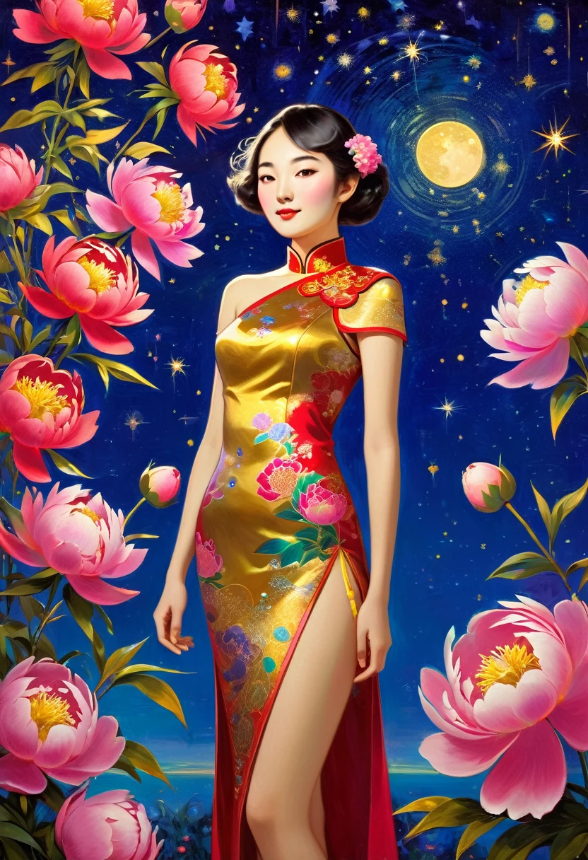 attractive young girl with peonies, golden Cheongsam, dream under the summer starry sky, paraphernalia, from the shoulder, Very colorful,
Best Improvisation, ((Mordecai-Ardon style!)), ((perfect full body detail)), magic naive art, primitivism, protogen, crimson/liliac
, ((best quality, Masterpiece)), ((Highest detail)), RAW:1,1, 8k